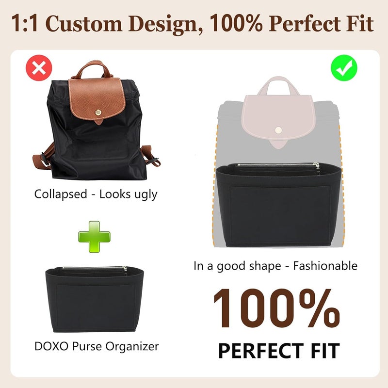 Doxo Backpack Organzier Insert for Longchamp Le Pliage Bag, Premium Felt Organizer with 8 Compartments and Zippered Pocket Bottle Pocket(Black, Backpack) - Image 3